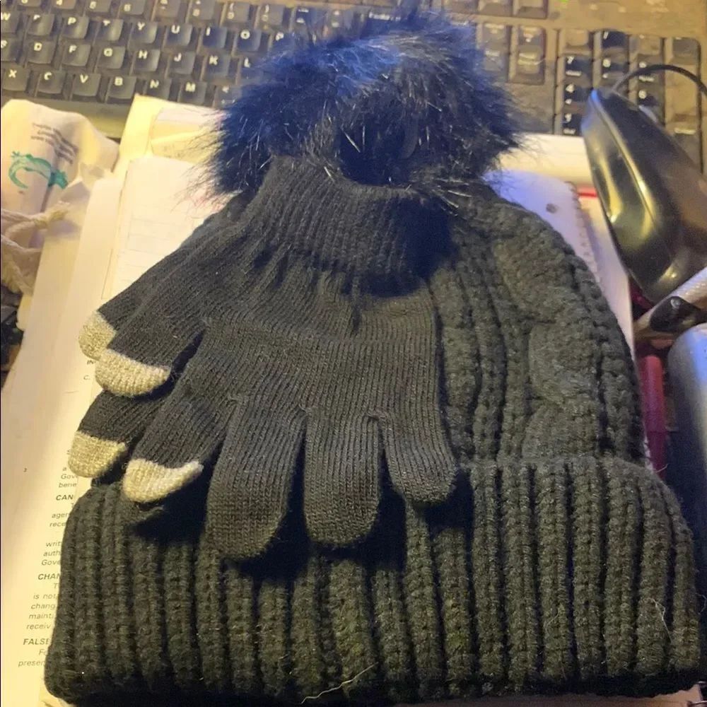 Black Knit Hat and Gloves Set with Pom Pom